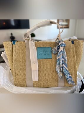 Kurt Geiger Beige Straw Tote with Blue Accent